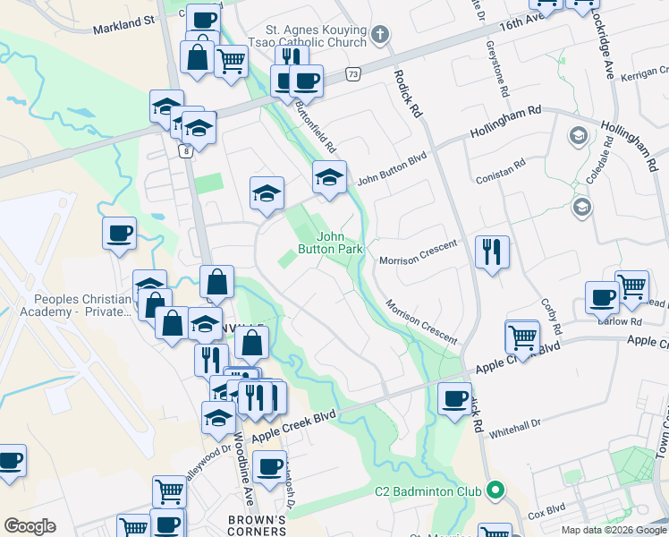 map of restaurants, bars, coffee shops, grocery stores, and more near 49 John Stiver Crescent in Markham