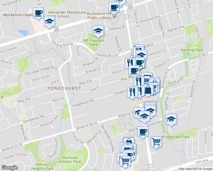 map of restaurants, bars, coffee shops, grocery stores, and more near 51 May Avenue in Richmond Hill