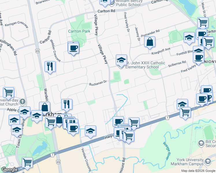 map of restaurants, bars, coffee shops, grocery stores, and more near 530 Village Parkway in Markham