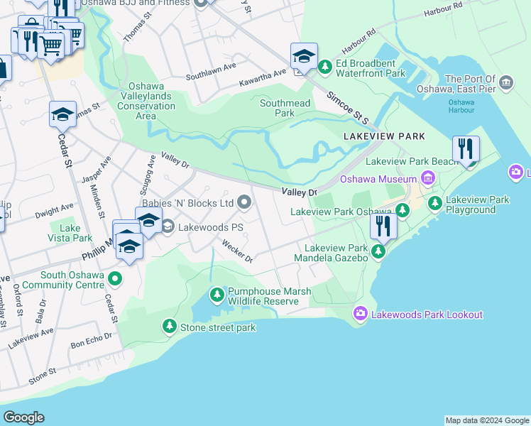 map of restaurants, bars, coffee shops, grocery stores, and more near 1413 Ritson Road South in Oshawa
