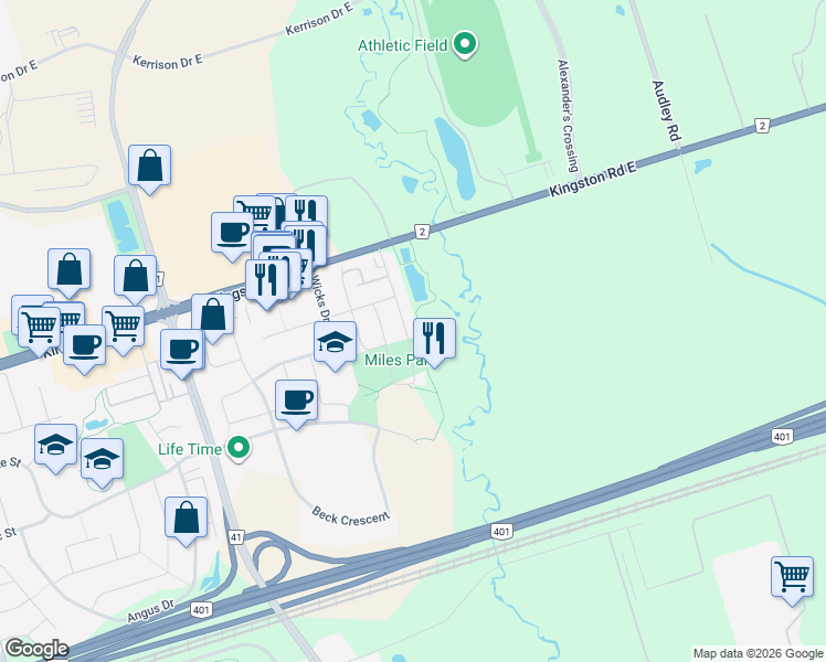 map of restaurants, bars, coffee shops, grocery stores, and more near 39 Galea Drive in Ajax
