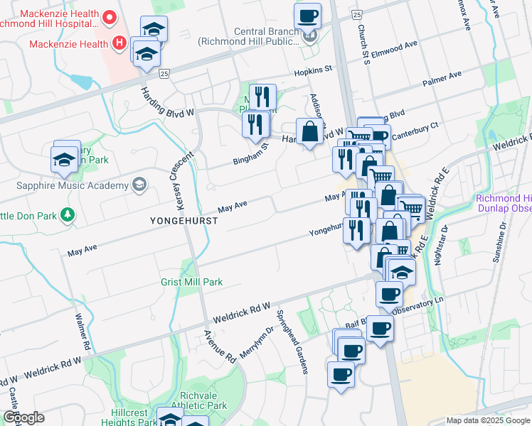 map of restaurants, bars, coffee shops, grocery stores, and more near in Richmond Hill