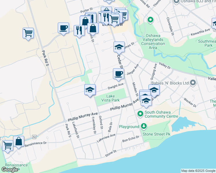 map of restaurants, bars, coffee shops, grocery stores, and more near 356 Dwight Avenue in Oshawa