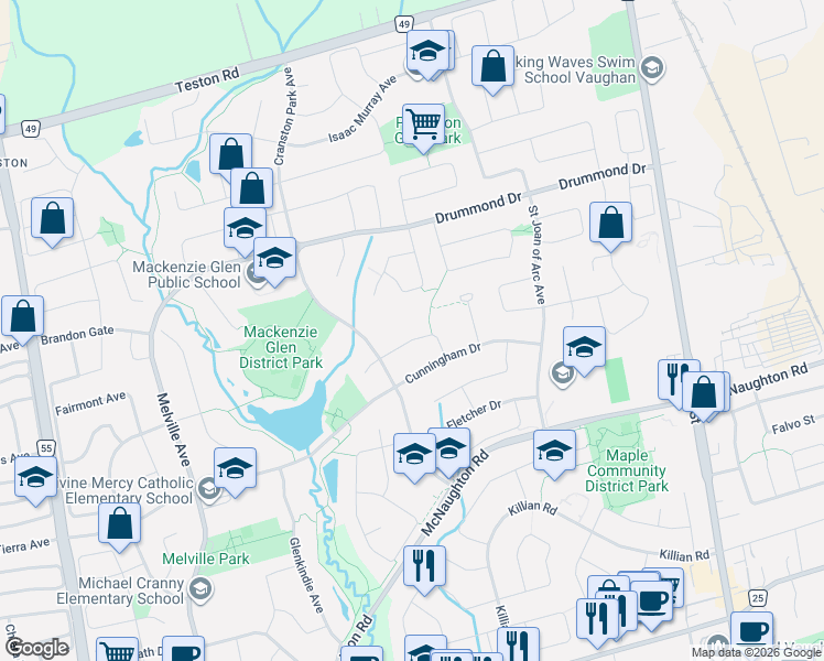 map of restaurants, bars, coffee shops, grocery stores, and more near 38 Helmsdale Avenue in Vaughan
