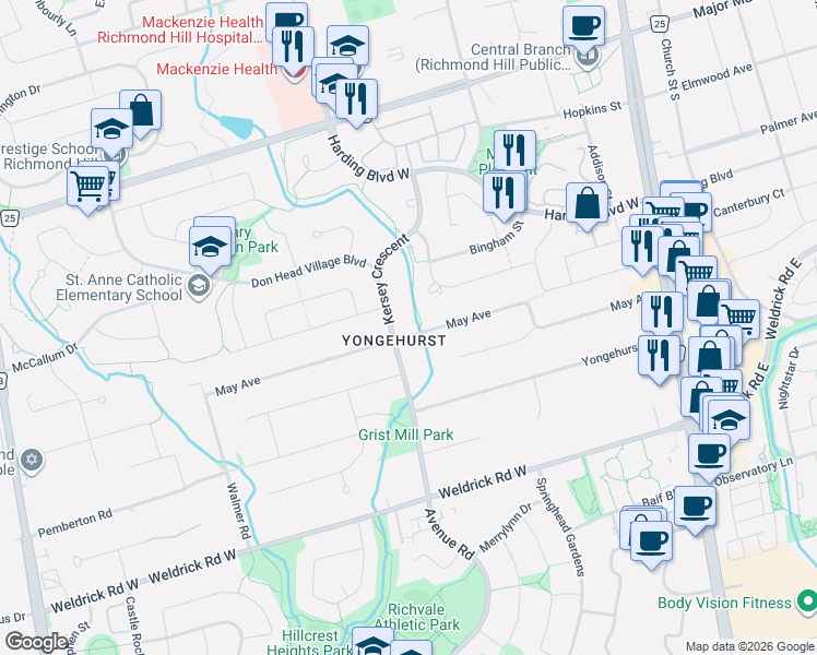 map of restaurants, bars, coffee shops, grocery stores, and more near 118 May Avenue in Richmond Hill
