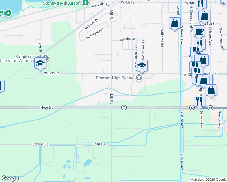 map of restaurants, bars, coffee shops, grocery stores, and more near 1446 Mill Road in Emmett