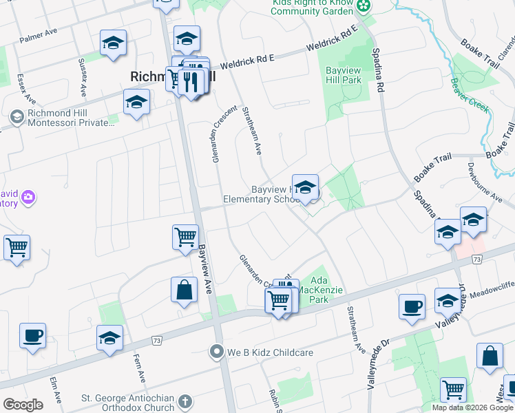map of restaurants, bars, coffee shops, grocery stores, and more near 30 Hillholm Boulevard in Richmond Hill