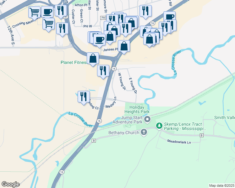 map of restaurants, bars, coffee shops, grocery stores, and more near 1585 Medary Lane in Onalaska