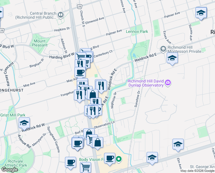 map of restaurants, bars, coffee shops, grocery stores, and more near 32 Clarissa Drive in Richmond Hill