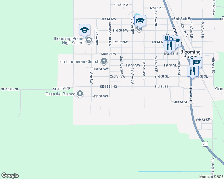 map of restaurants, bars, coffee shops, grocery stores, and more near 277 3rd Street Southeast in Blooming Prairie