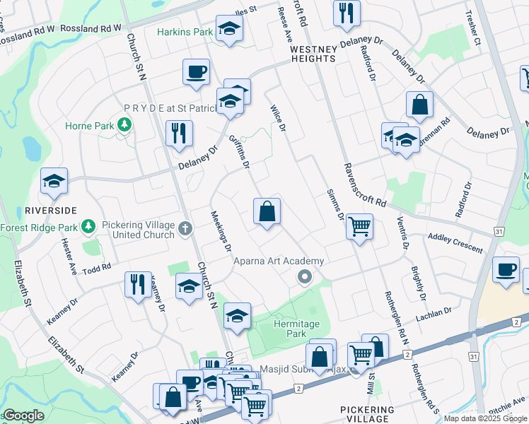 map of restaurants, bars, coffee shops, grocery stores, and more near 59 Griffiths Drive in Ajax