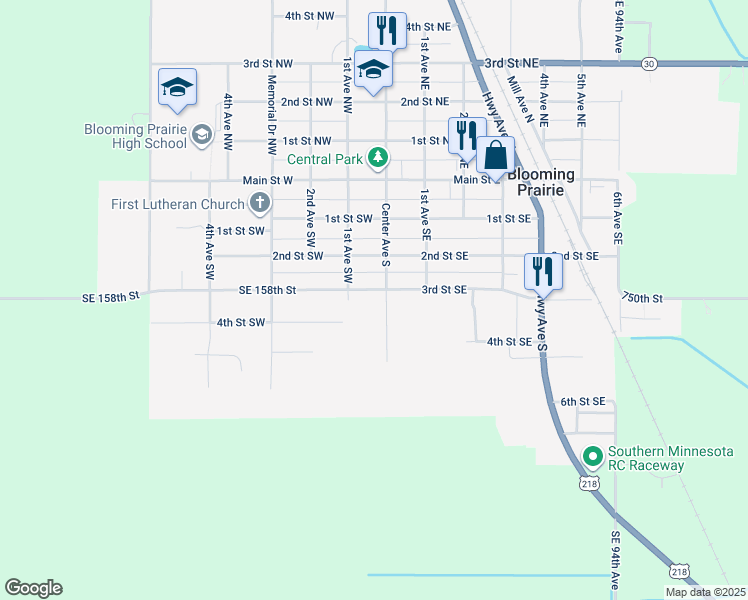 map of restaurants, bars, coffee shops, grocery stores, and more near 105 3rd Street Southeast in Blooming Prairie
