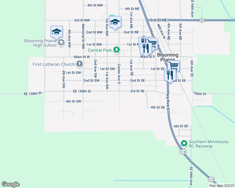 map of restaurants, bars, coffee shops, grocery stores, and more near 105 3rd Street Southeast in Blooming Prairie