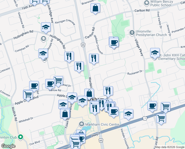 map of restaurants, bars, coffee shops, grocery stores, and more near 28 Spanhouse Crescent in Markham
