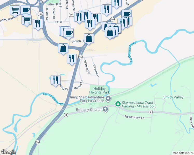 map of restaurants, bars, coffee shops, grocery stores, and more near 1566 West Young Drive in Onalaska