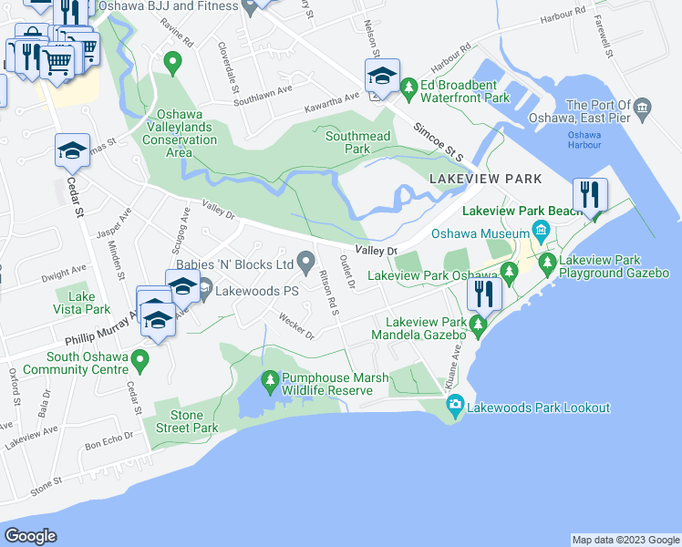 map of restaurants, bars, coffee shops, grocery stores, and more near 1412 Outlet Drive in Oshawa