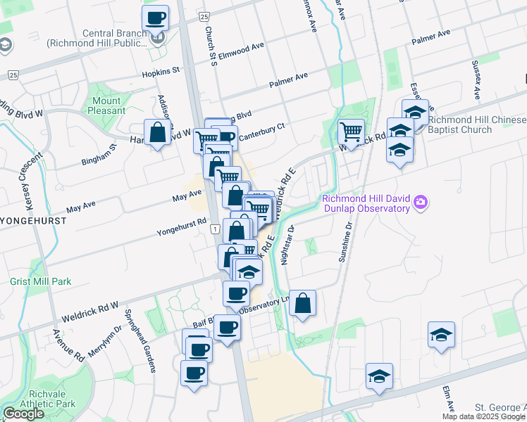 map of restaurants, bars, coffee shops, grocery stores, and more near in Richmond Hill