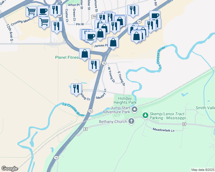 map of restaurants, bars, coffee shops, grocery stores, and more near 1585 Medary Lane in Onalaska