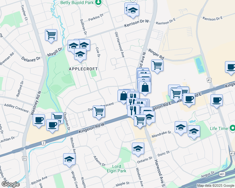 map of restaurants, bars, coffee shops, grocery stores, and more near 16 Ducatel Crescent in Ajax