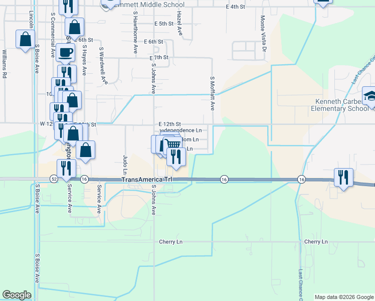 map of restaurants, bars, coffee shops, grocery stores, and more near 1460 Constitution Lane in Emmett