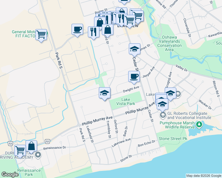 map of restaurants, bars, coffee shops, grocery stores, and more near 1281 Oxford Street in Oshawa