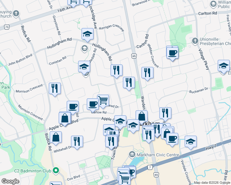map of restaurants, bars, coffee shops, grocery stores, and more near 46 Hollingham Road in Markham