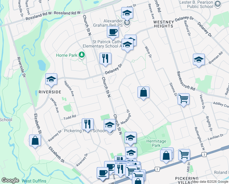 map of restaurants, bars, coffee shops, grocery stores, and more near 20 Mapson Crescent in Ajax