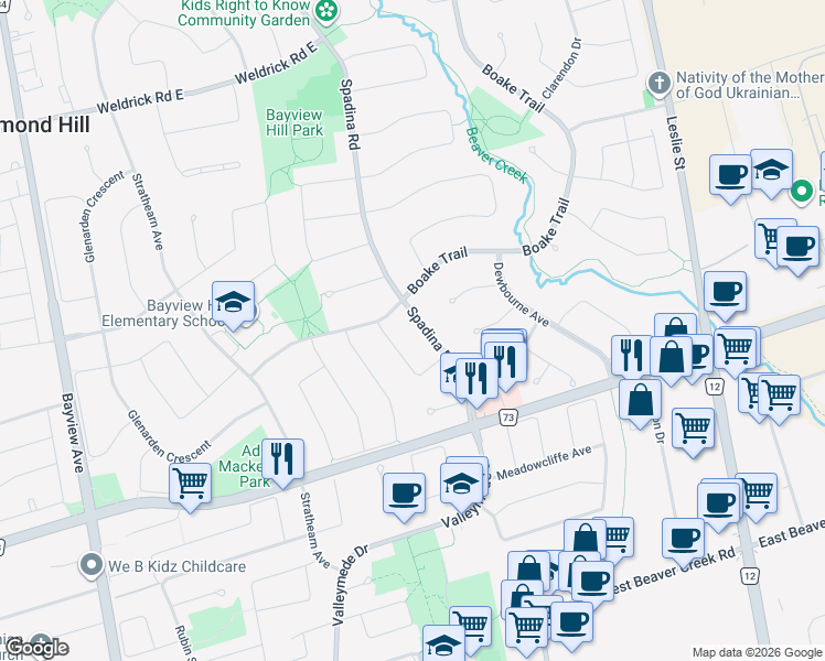 map of restaurants, bars, coffee shops, grocery stores, and more near 34 Spadina Road in Richmond Hill