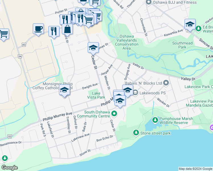 map of restaurants, bars, coffee shops, grocery stores, and more near 1322 Minden Street in Oshawa