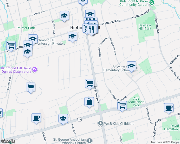 map of restaurants, bars, coffee shops, grocery stores, and more near 9376 Bayview Avenue in Richmond Hill