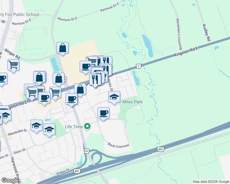map of restaurants, bars, coffee shops, grocery stores, and more near 25 Wicks Drive in Ajax