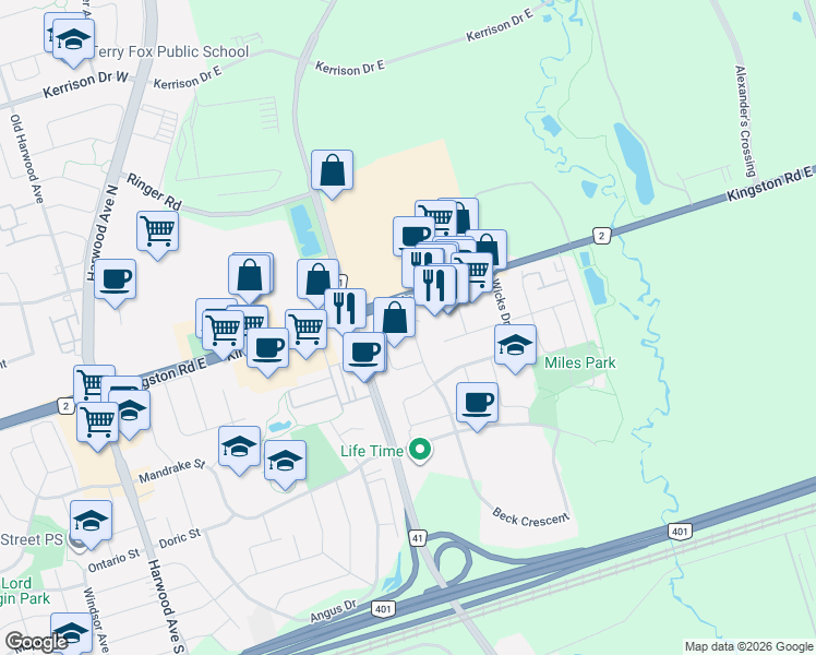 map of restaurants, bars, coffee shops, grocery stores, and more near 2 Allard Avenue in Ajax