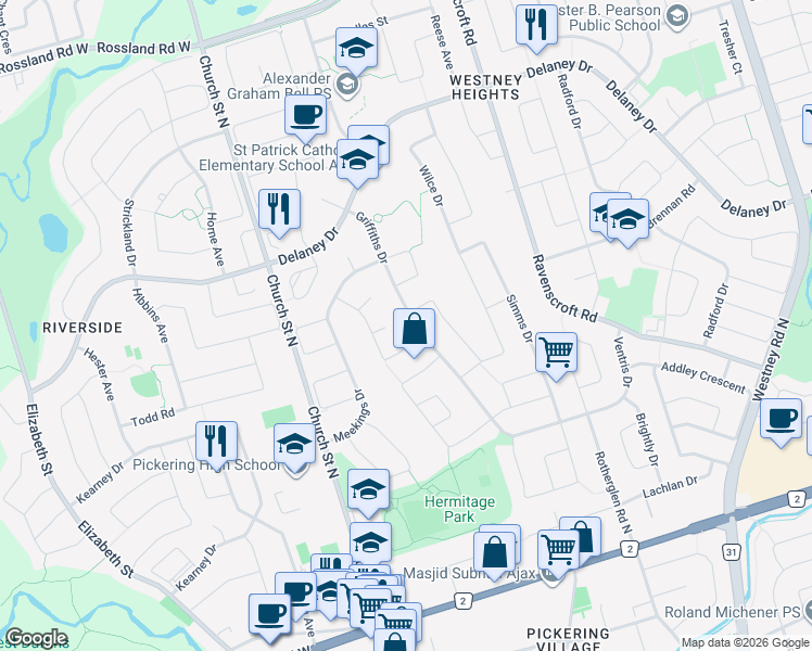 map of restaurants, bars, coffee shops, grocery stores, and more near 61 Griffiths Drive in Ajax
