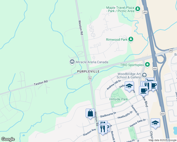 map of restaurants, bars, coffee shops, grocery stores, and more near Weston Rd & Teston Rd in Vaughan