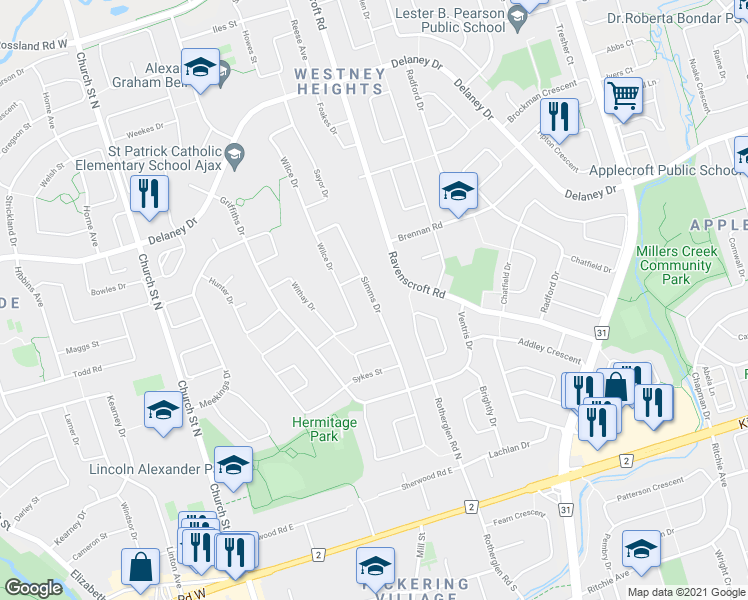 map of restaurants, bars, coffee shops, grocery stores, and more near Simms Drive in Ajax
