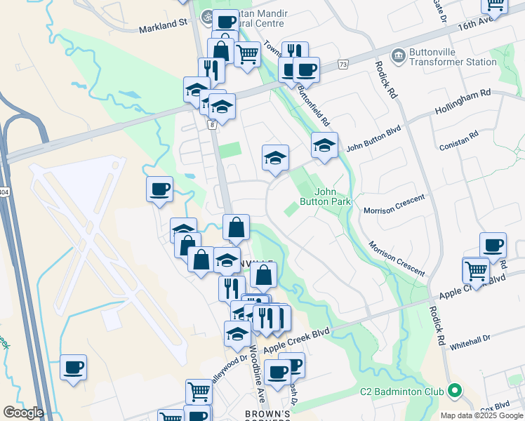 map of restaurants, bars, coffee shops, grocery stores, and more near 2 Burr Crescent in Markham
