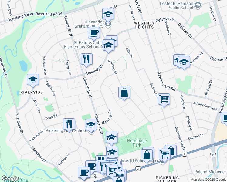 map of restaurants, bars, coffee shops, grocery stores, and more near 1 Hunter Drive in Ajax