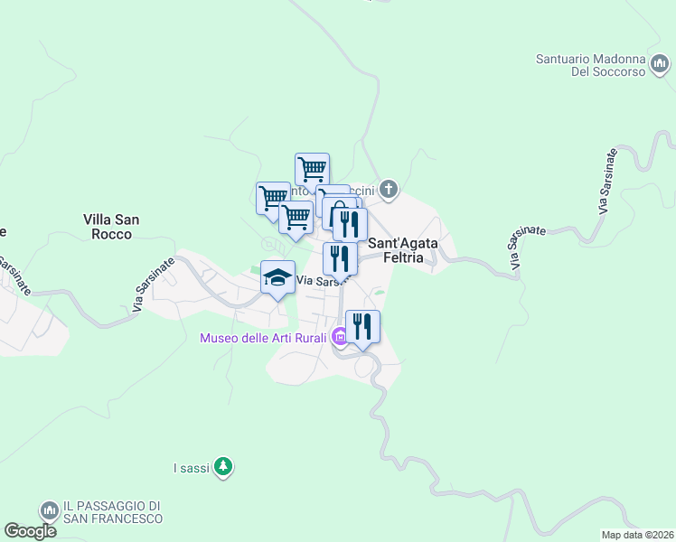 map of restaurants, bars, coffee shops, grocery stores, and more near 2 Via I° Maggio in Sant'Agata Feltria