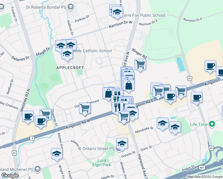 map of restaurants, bars, coffee shops, grocery stores, and more near 18 Coxhead Lane in Ajax
