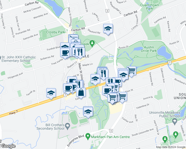 map of restaurants, bars, coffee shops, grocery stores, and more near 17 Eckardt Avenue in Markham