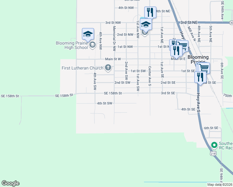 map of restaurants, bars, coffee shops, grocery stores, and more near 277 3rd Street Southeast in Blooming Prairie