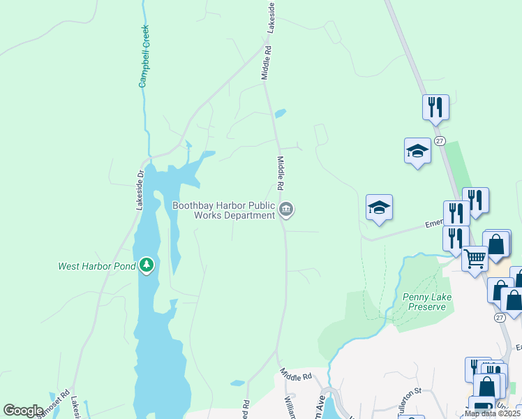 map of restaurants, bars, coffee shops, grocery stores, and more near 11 Hutchinson Drive in Boothbay Harbor
