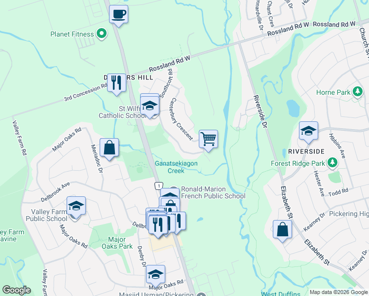 map of restaurants, bars, coffee shops, grocery stores, and more near 2313 Southcott Road in Pickering