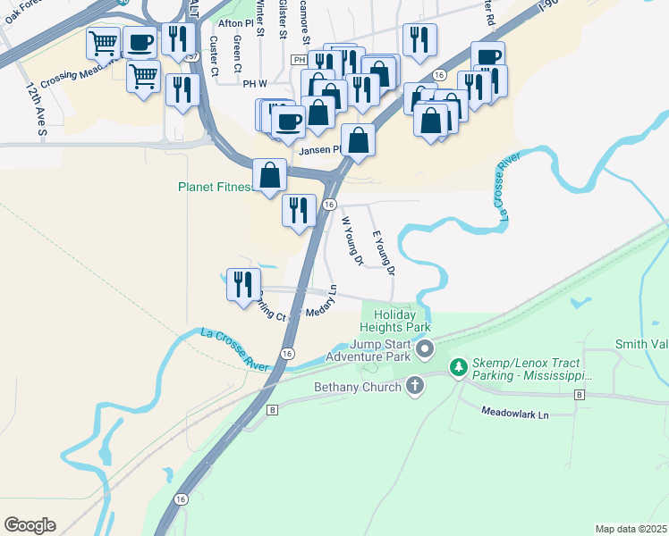 map of restaurants, bars, coffee shops, grocery stores, and more near 1585 Medary Lane in Onalaska
