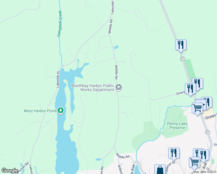 map of restaurants, bars, coffee shops, grocery stores, and more near 11 Hutchinson Drive in Boothbay Harbor