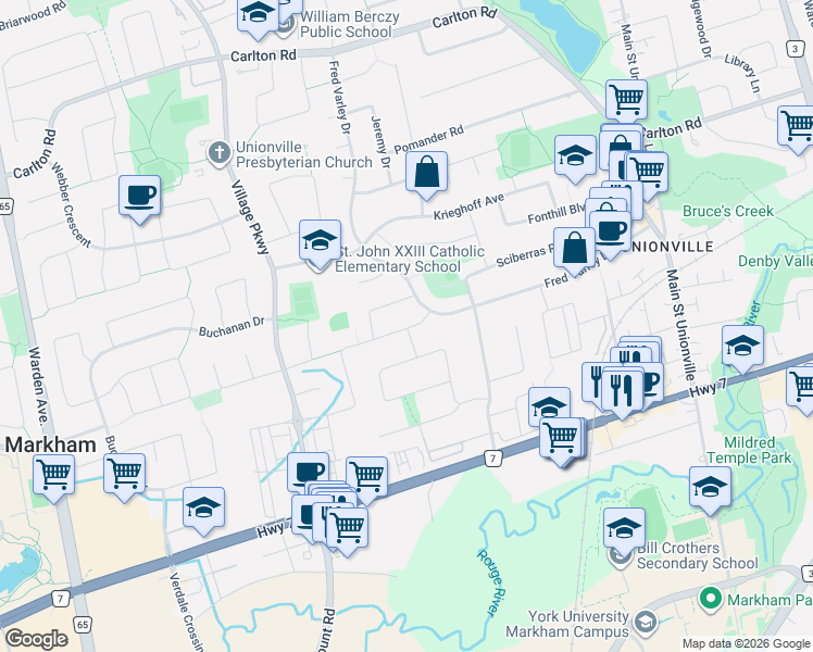 map of restaurants, bars, coffee shops, grocery stores, and more near 157 Fitzgerald Avenue in Markham