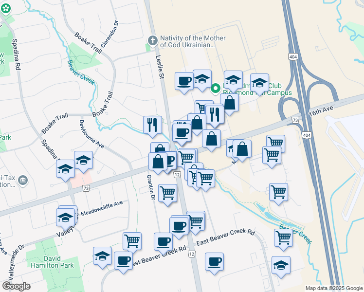 map of restaurants, bars, coffee shops, grocery stores, and more near in Richmond Hill