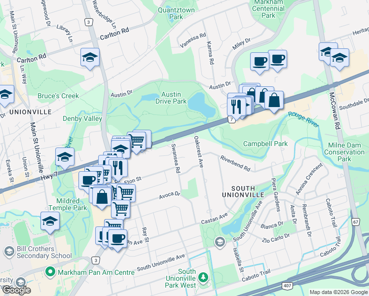 map of restaurants, bars, coffee shops, grocery stores, and more near 13 Prince William Drive in Markham