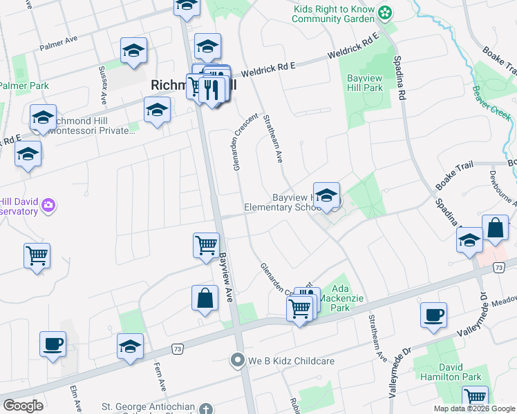 map of restaurants, bars, coffee shops, grocery stores, and more near 22 Ardwold Gate in Richmond Hill