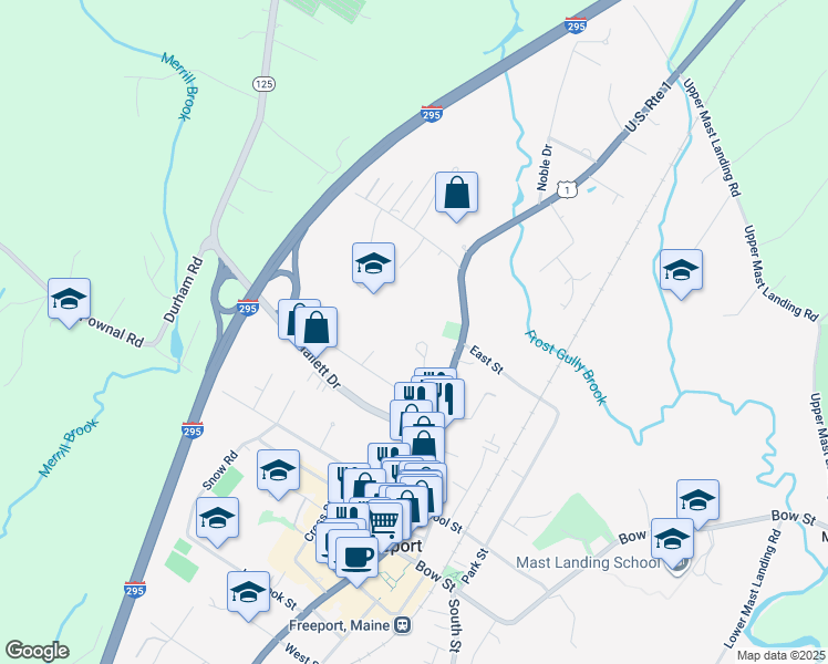 map of restaurants, bars, coffee shops, grocery stores, and more near 10 Library Drive in Freeport